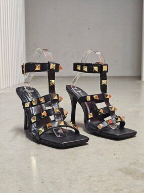 Black Studded High Heel Sandals With Square Toe & Adjustable Ankle Strap